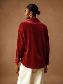 Vesra Camisa de mujer elegante de terciopelo con botones dorados - Rojo - Ver 2