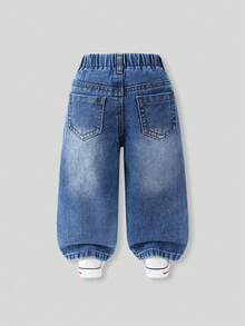 SHEIN 1pc Baby Girls' Denim Wide Leg Pants Sweet & Cute Casual Vacation Style Recommended Pink Bow 3D Felt Embroidery Lively & Playful Light Blue Washed Denim Elastic Waistband For Comfort And Easy Wear Loose Fit Suitable For Home Outings Dates Weekends Versatile Denim Wide Leg Trousers For All Year Round - Dark Wash - View 2