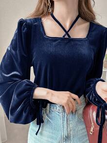 FRIFUL 女士方领交叉系带灯笼袖纯色甜美丝绒T恤 - 藏蓝色 - 查看 6