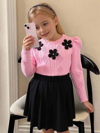 Elladie kids Tween Girls' Fashionable & Sweet Floral Decor Round Neck Long Sleeve Top & Pleated Skirt 2-Piece Set Teen Tween Girl Bow Knit Pink Sweater Girl Clothes Autumn And Winter Clothes Autumn And Winter Young Girls Dresses Formal Jumper For Girls 14 Years Teen Girls Elegant Long Sleeve Dresses Tween Girl Pink Sweater