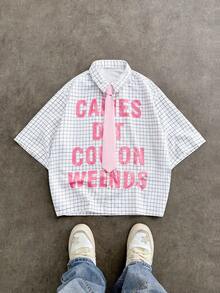 SWAVVY 男士休闲时尚街头标语格子印花宽松衬衫，夏季 - 白色 - 查看 3