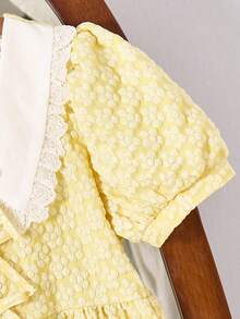 SHEIN 少女优雅花卉提花泡泡袖蝴蝶结装饰连衣裙，休闲日常、度假、派对皆宜 - 黃色 - 查看 5