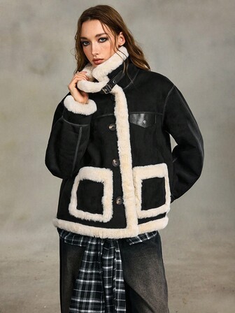 Grunge Punk Veste décontractée à manches longues pour femmes avec col en fausse fourrure, patchwork et couleurs contrastées