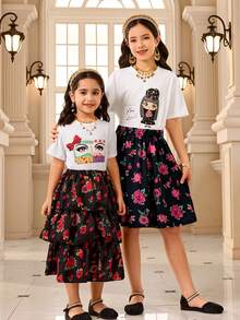 رمضان مجموعة تنورة مطبوعة رقميًا وبلوزة كاجوال بأكمام قصيرة مطبوعة بطبعة زهرية وحرف، مناسبة للخروجات والمدرسة والتنقل - أبيض - مشاهدة 6