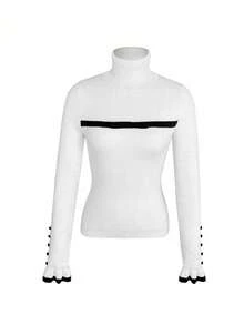 RosyDaze 女士高领荷叶边纽扣设计长袖针织套头毛衣，带蝴蝶结，紧身保暖内衬 - 白色 - 查看 3