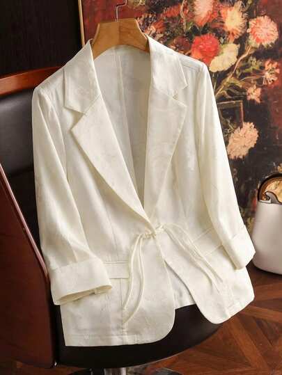 Franclia Plus Size Women's 3/4 Sleeve Lapel Button-Up Jacquard Textured Fitted Elegant New Chinese Style Office Blazer, Spring/Summer