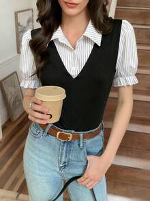 Elyressa Women's Casual Commuter Striped Patchwork 2 In 1 Top, Summer - Multicolor - View 4