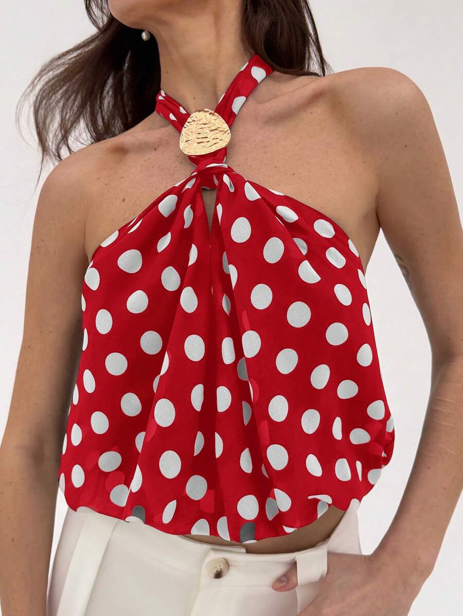 Aloruh Débardeur à col ras-du-cou moderne avec décoration métallique et motif à pois simple, pour femmes - Rouge - Voir 1