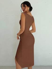 Firerie 女士中长连衣裙，端庄优雅，秋季女装，商务休闲女装，复古富贵风格女装，乡村风女装，外出上衣女装，机场旅行装，返校季，全白连衣裙，女士纯色不对称领口褶皱无袖开衩修身中长连衣裙，白色长款连衣裙，婚礼宾客着装，情人节约会之夜度假通勤休闲外出 - 咖啡棕 - 查看 6