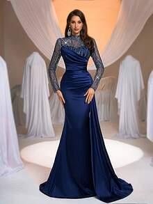 Aureia Elegant Sequin Patchwork Satin Formal Evening Gown, Navy Blue (Heavily Embellished) - Royal Blue - View 3