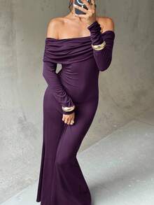 Firerie 藏蓝色露肩褶皱露背性感修身美人鱼长裙，优雅、通勤、性感、度假、海滩、波西米亚风、夏威夷风情、音乐节、浪漫、约会、派对、婚礼季、毕业典礼、舞会、演出、演唱会、工作装、返校季、女士生日礼服 - 紫色 - 查看 7