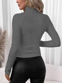 SHEIN Clasi 深灰色花卉图案女士休闲高领修身长袖T恤，适合秋冬季节，百搭实用 - 深灰色 - 查看 2