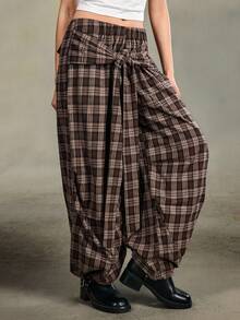 ROMWE EDITION Y2K Vintage Distressed Plaid Wide Leg Maxi Pants For Women - Brown - View 7