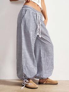 Bohemela Boho Striped Patchwork Loose Wide Leg Pants For Women, Suitable For Spring, Summer, Beach Vacation, Valentine's Day, Music Festival - Grey - View 6