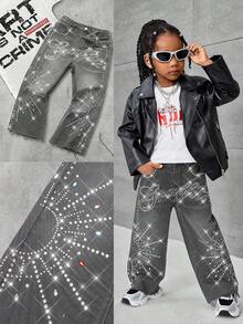 Young BoyLoose Fit Rhinestone Embellished Black Denim Pants - Light Grey - View 2