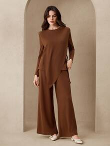 Graceveil Loose Casual Solid Color Knit Design Long Sleeve Top And Comfortable Long Pants Women's Arabic Style Set - Coffee Brown - View 3