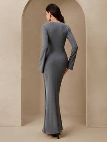 Graceveil Gestrickter strukturierter Stoff mit Metalldekorknopf 2 in 1 Rundhals Langarm figurbetonte elegante luxuriöse Party Cocktailkleid