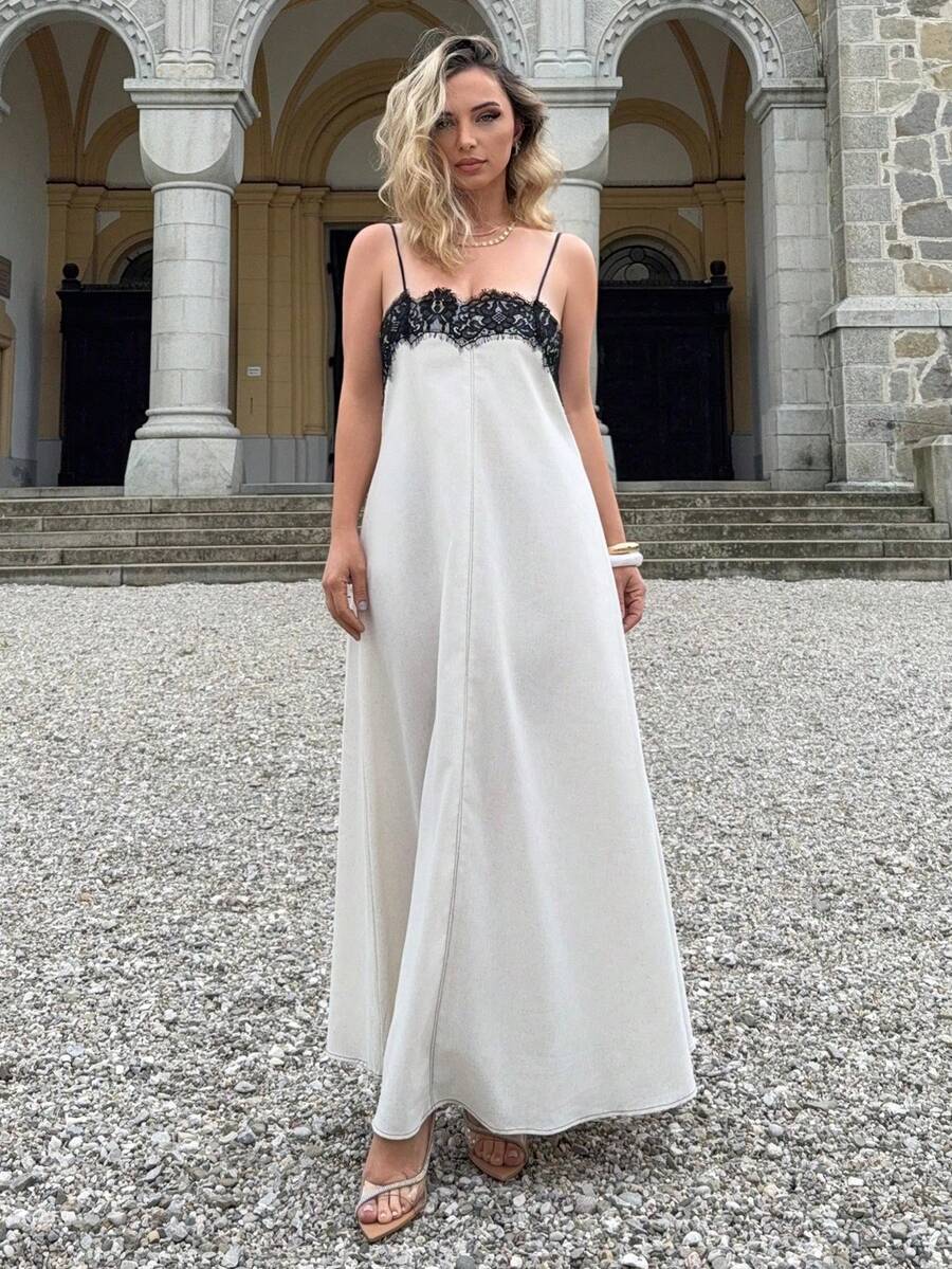 Jeta Ari Vestido de verano de mujer de ajuste holgado con patchwork de encaje en blanco y negro, vestido midi con tirantes, de lino, vestidos casuales de mujer, vestido de fiesta - Blanco y Negro - Ver 1