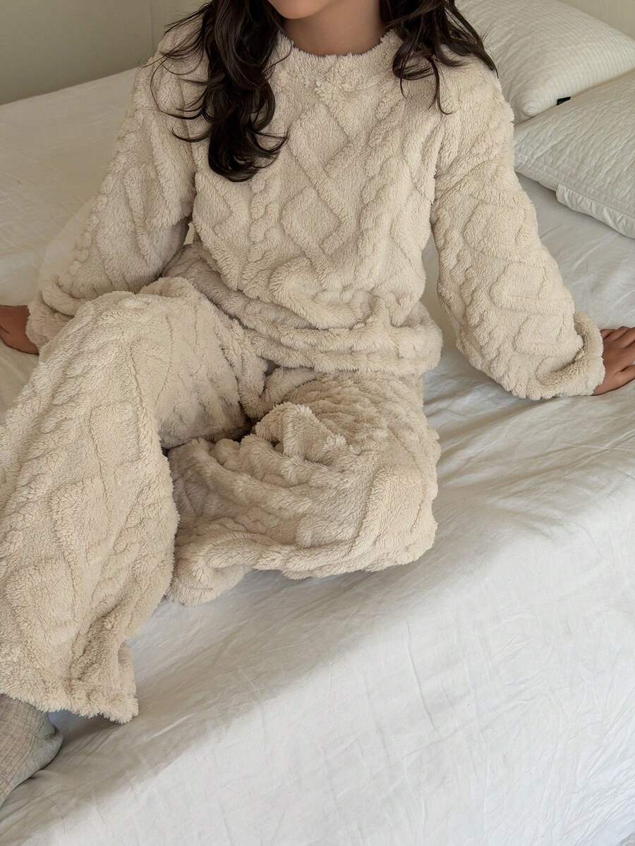 DAZY Tween Girl Plush Textured Thick Loose Fit Loungewear Set, Winter - Apricot - View 1