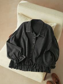 SHEIN Elaquor 大码女式纯色前开襟纽扣褶裥休闲长袖黑色衬衫，泡泡袖上衣，女士休闲装 - 黑色 - 查看 3