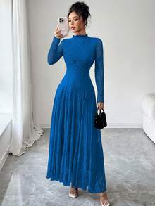 Modelyn Wine Red High Neck Waist Cinched Lace Dress For Women - Royal Blue - View 3