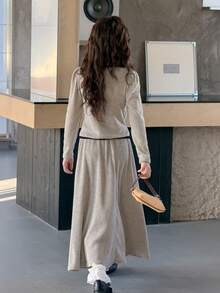 DAZY Tween Girl Contrast Trim V-Neck Long Sleeve Shirt And Mini Skirt Elegant Set - Apricot - View 2