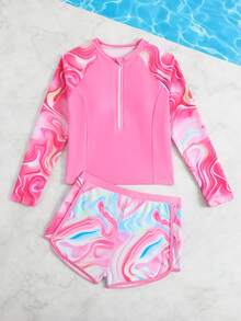 女童彩色大理石纹长袖泳衣套装，防护性强，休闲修身款