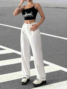 SHEIN EZwear Pantalones rectos y sueltos de color gris casual, unicolor, de talle alto y de pierna larga - Blanco - Ver 5