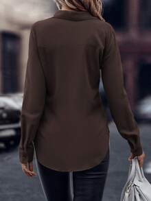 EMERY ROSE 女士休闲纯色前开襟长袖衬衫，秋季款 - 棕色 - 查看 2