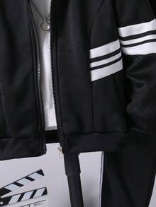 SHEIN Explorewe 男童条纹连帽长袖外套和裤子休闲套装（2件套） - 黑色 - 查看 6