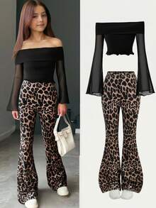 SHEIN Tween Girls' Casual Fashion Mesh Off-Shoulder Flared Long-Sleeved Crop Top With Pure Leopard Print Flared Pants 2-Piece Set, Casual And Elegant Daily Wear, Suitable For Autumn And Winter, Spring And Summer, Back To School, Cheetah Print Girls Set, 2 Piece Pants Set, Flared Leggings, Animal Print Outfit - Black - View 2