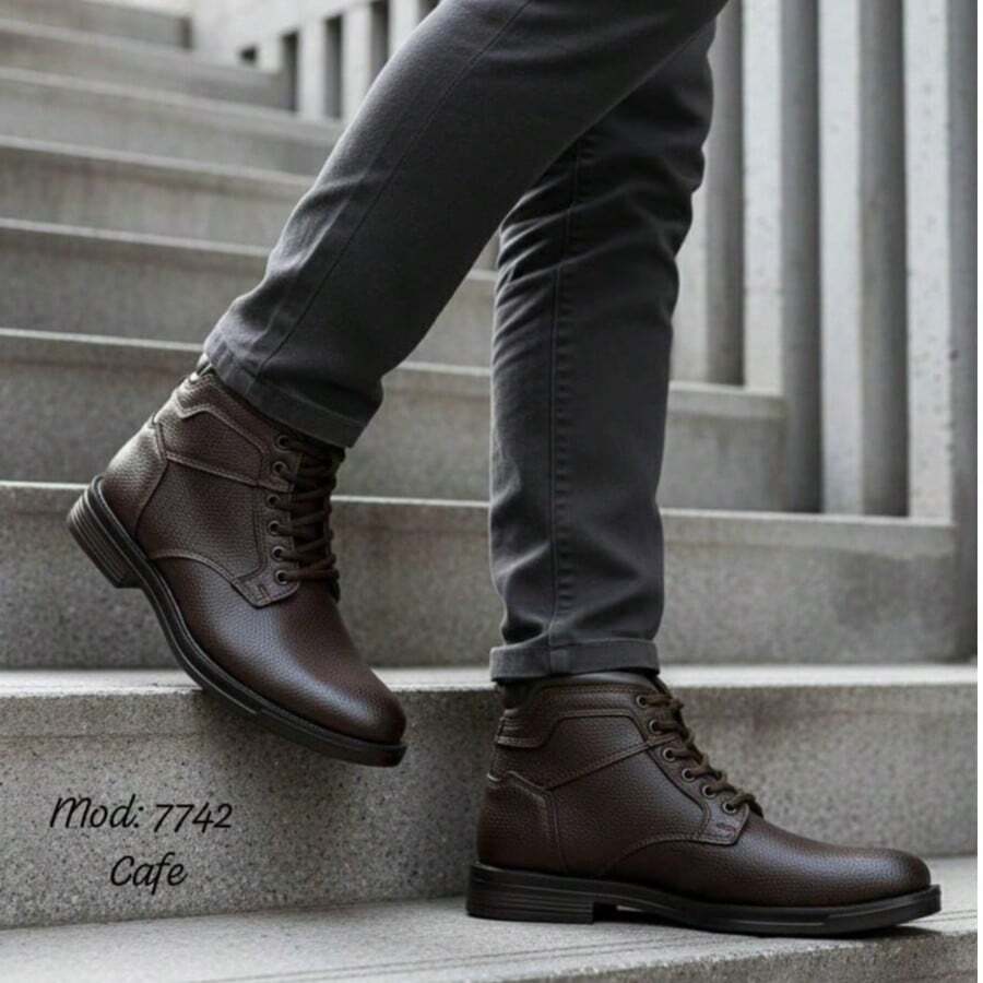 Botín hombre, piel genuina, botín militar, agujetas, calzado formal, estilo robusto, suela resistente, bota vestir hombre, botín piel, clásico masculino - Marrón - Ver 1