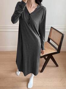 DAZY 极简针织半拉链宽松长款连衣裙家居服（女士款） - 深灰色 - 查看 3