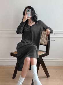 DAZY 极简针织半拉链宽松长款连衣裙家居服（女士款） - 深灰色 - 查看 5