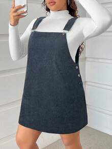 SHEIN EZwear Plus Size Women Solid Color Side Button Design Corduroy Strap Dress, Early Autumn - Dusty Blue - View 3