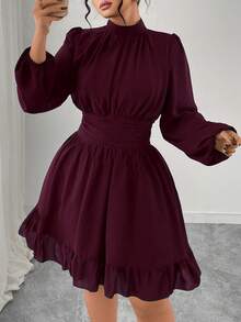 Elenzga Đầm midi dài tay ôm dáng, cổ đứng, bèo nhún, trang trí, dành cho nữ cỡ lớn, màu xanh navy, thanh lịch, thích hợp dự tiệc. - Màu Hồng Tươi - Xem 4