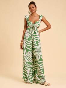 Travachic 女士性感露背热带印花连体裤，度假装，嘉年华，夏季 - 綠色 - 查看 4