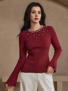 DAZY Women's Elegant Solid Color Beaded Round Neck Flare Sleeve Sweater, Autumn/Winter - Burgundy - View 4