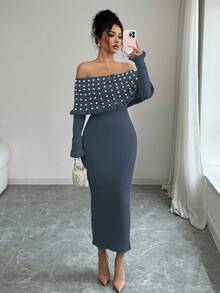 Rafferiza Váy len hở vai co giãn dài tay màu trơn thắt nơ cho nữ, Váy len lệch vai ve lớn trang trí ngọc trai giả kiểu Pháp thanh lịch, Váy maxi dệt kim thu/đông, Váy len trở lại trường, Lễ hội âm nhạc, Giáng sinh, Váy tiên, Váy dự tiệc cưới mùa thu - Màu xanh hải quân - Xem 4