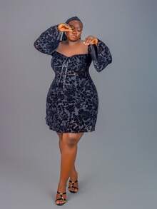 CurvyTilda Plus Size Women Sexy Sweetheart Neck Flare Sleeve Waist Cinched Floral Print Sheer Mesh Overlay Dress, Spring/Summer/Autumn,Valentine's Day, For Hourglass Body Shape - Black - View 5