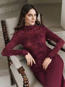 Anewsta High Quality Fashion Women's Embroidered Pleated Textured Mock Neck Long Sleeve Top - Burgundy - View 6