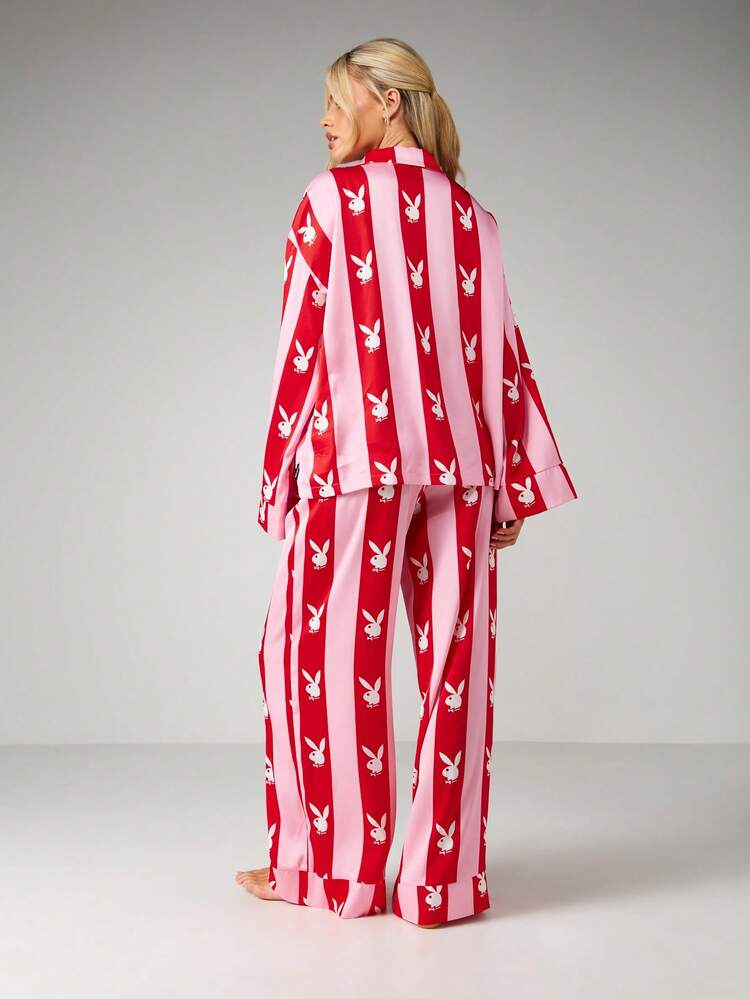 Missguided x Playboy Striped Bunny Logo Print Long Sleeve Shirt And Wide Leg Trouser Pajama Co-Ord Set For Loungewear Sleep And Comfort