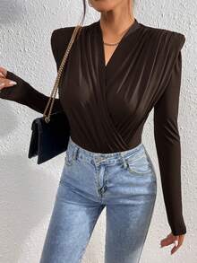 Firerie 1pc Solid Color Fashionable Long Sleeve Criss-Cross Wrap Bodysuit - Coffee Brown - View 4