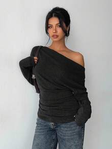 Aloruh Women's Pleated Dark Grey Knit Casual Oblique Shoulder Long Sleeve Top - Dark Grey - View 4