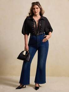 Elegantrix Plus Size Women's Spring/Summer Lace Patchwork Beaded Drop Shoulder Casual Blouse - Black - View 7