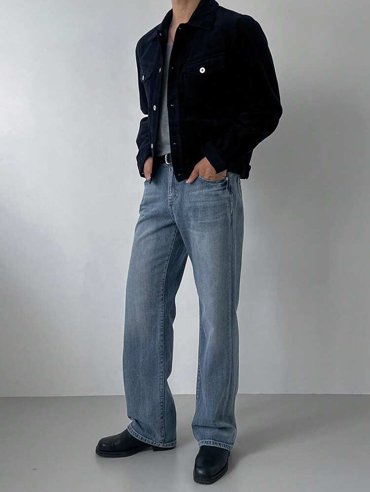 Men's Vintage Washed Blue Straight Leg Jeans, Suitable For Spring And Autumn