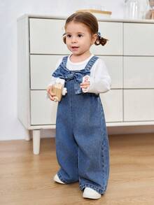 SHEIN 女婴3D蝴蝶结装饰蓝色牛仔宽松连体裤 - 深色水洗藍 - 查看 6