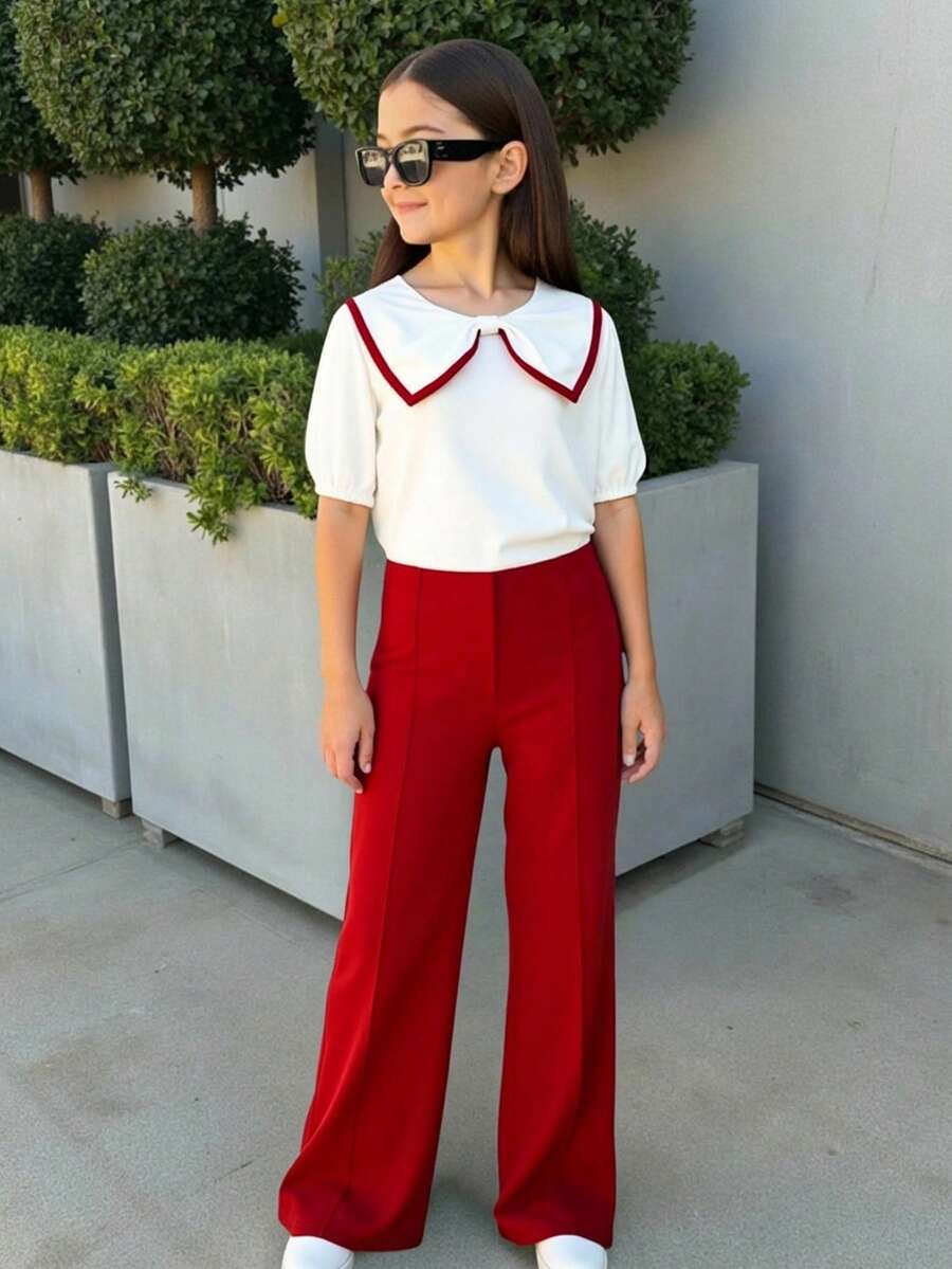 SHEIN European And British Style New Red Round Neck Raglan Short Sleeve Shirt Jumpsuit With Bow Splice Top And Red Pants Jumpsuit - Red and White - View 1