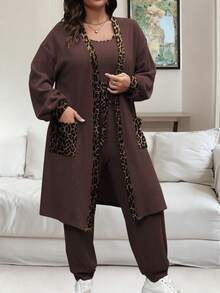 Vionelle Bộ đồ 2 mảnh kiểu Pháp thanh lịch, họa tiết da báo, phối nhiều mảnh, dành cho nữ cỡ lớn, thích hợp cho mùa Thu/Đông. - Màu nâu Sô-cô-la - Xem 4