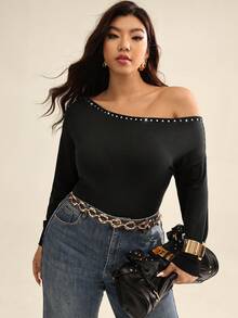 Auralis 大码女装秋冬时尚休闲高弹舒适日常百搭显瘦黑色露肩长袖套头毛衣，冬季秋季Y2K长袖黑色上衣，新年性感黑色上衣 - 黑色 - 查看 4